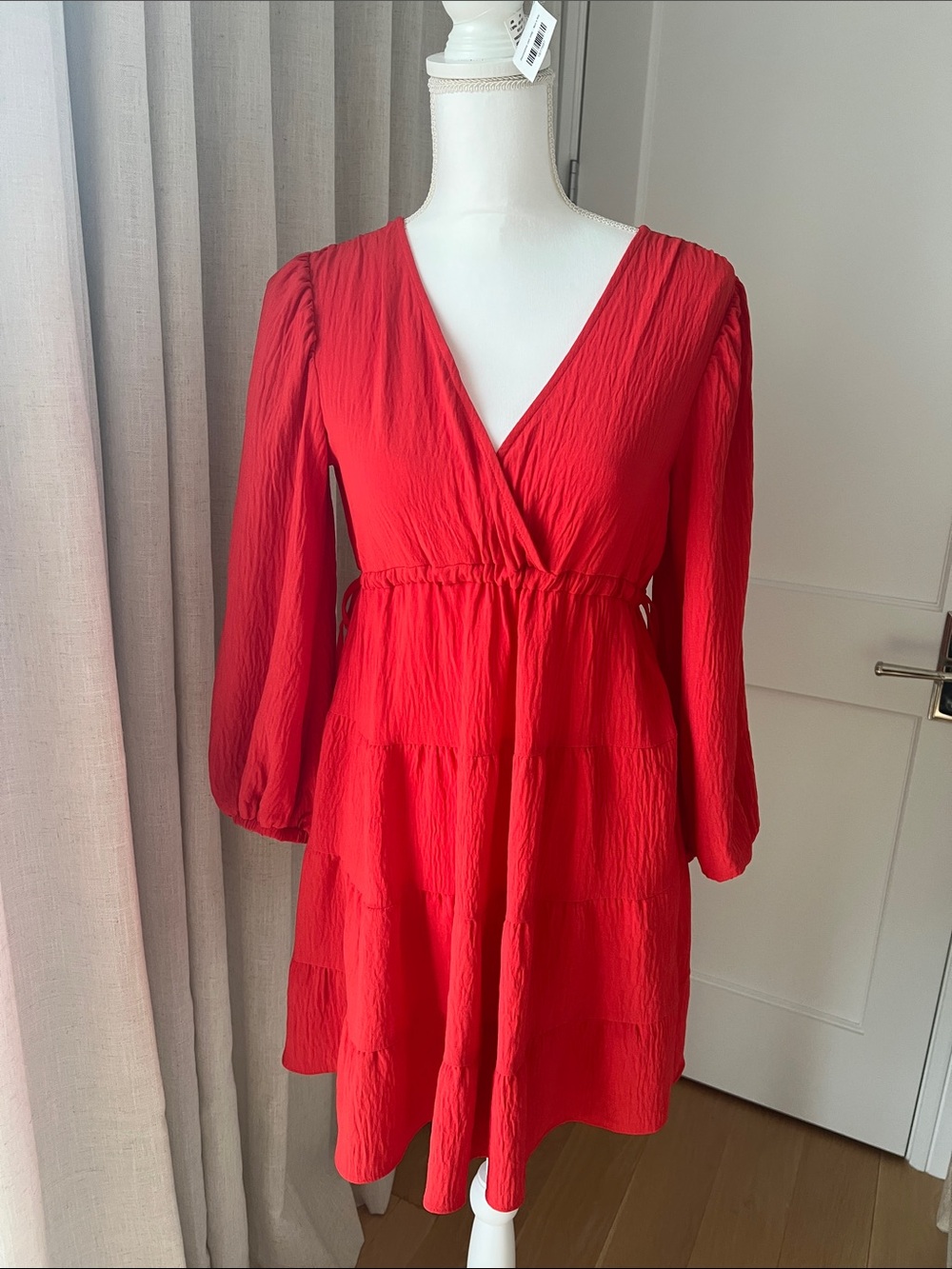 Vivid Red-Orange V-Neck Tiered Long-Sleeve Dress